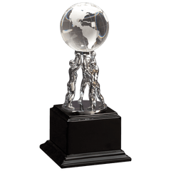 10" Clear Crystal Globe with Silver Men/Stand on Black Piano Finish Base