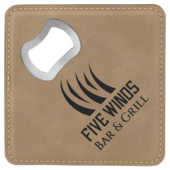 Light Brown 4" x 4" Square Laserable Leatherette Bottle Opener Coaster