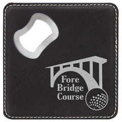 Black/Silver 4" x 4" Square Laserable Leatherette Coaster with Bottle Opener