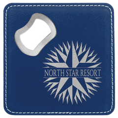 Blue/Silver 4" x 4" Square Laserable Leatherette Coaster with Bottle Opener
