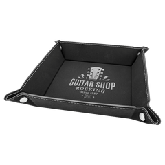 Black/Silver 6" x 6" Laserable Leatherette Snap Up Tray with Silver Snaps
