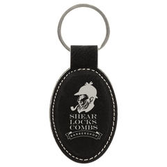 Black/Silver 3" x 1 3/4" Laserable Leatherette Oval Keychain