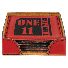 4" x 4" Red Square Laserable Leatherette 6-Coaster Set with Holder