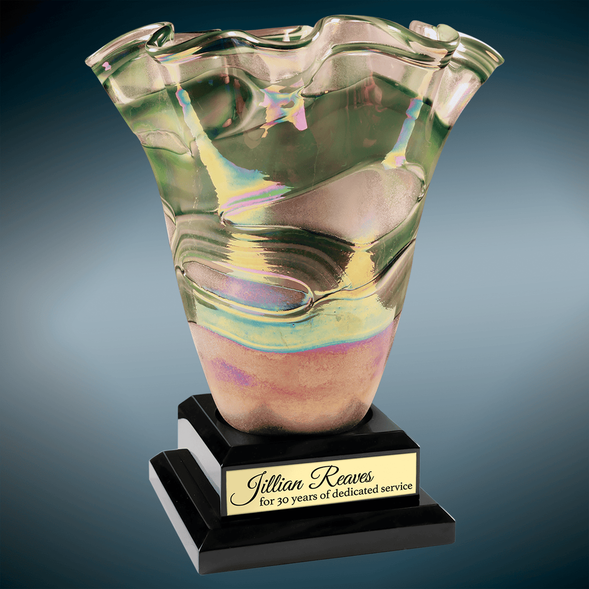 14 1/4" Art Glass Vase with Black Royal Piano Finish Base