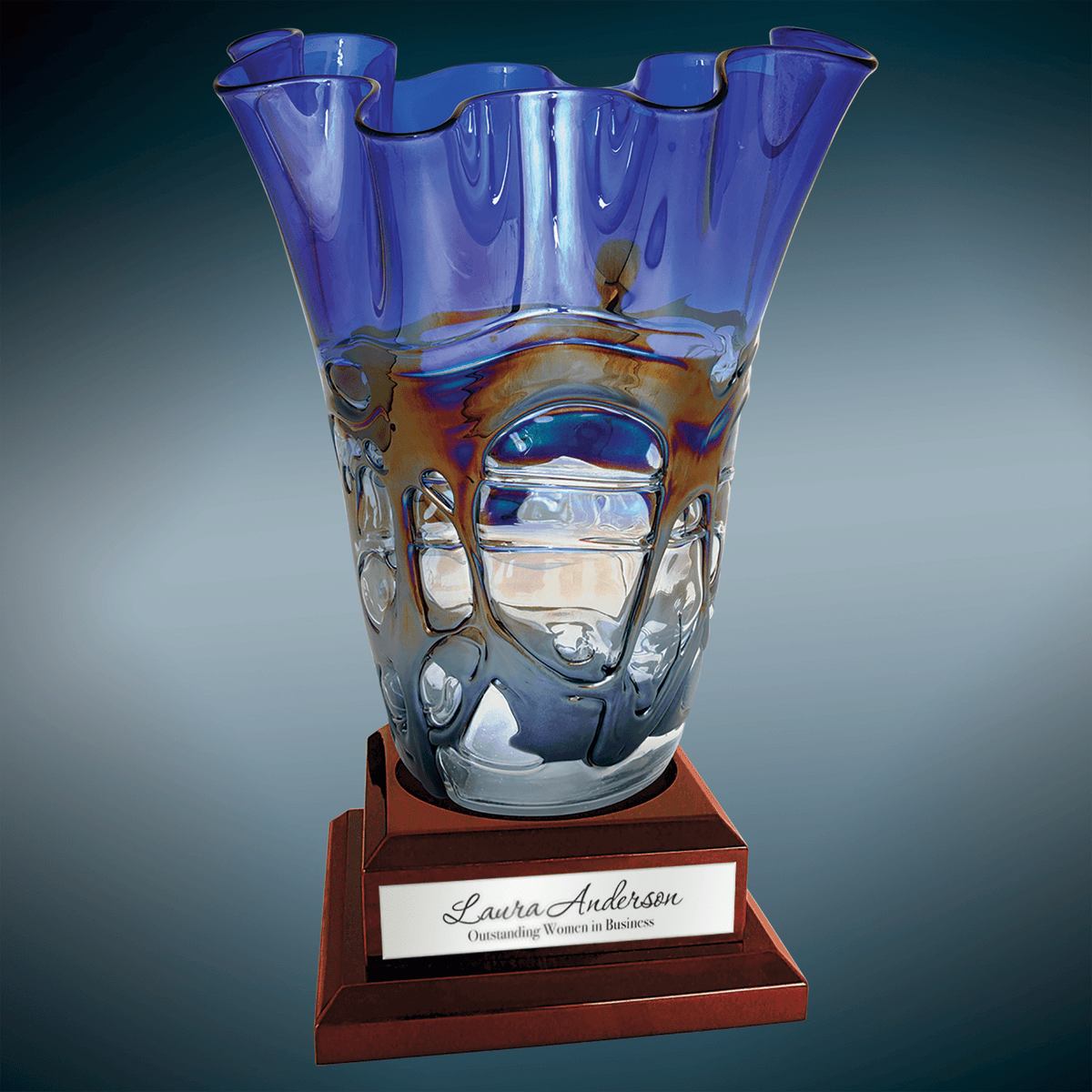 14" Art Glass Vase with Rosewood Royal Piano Finish Base