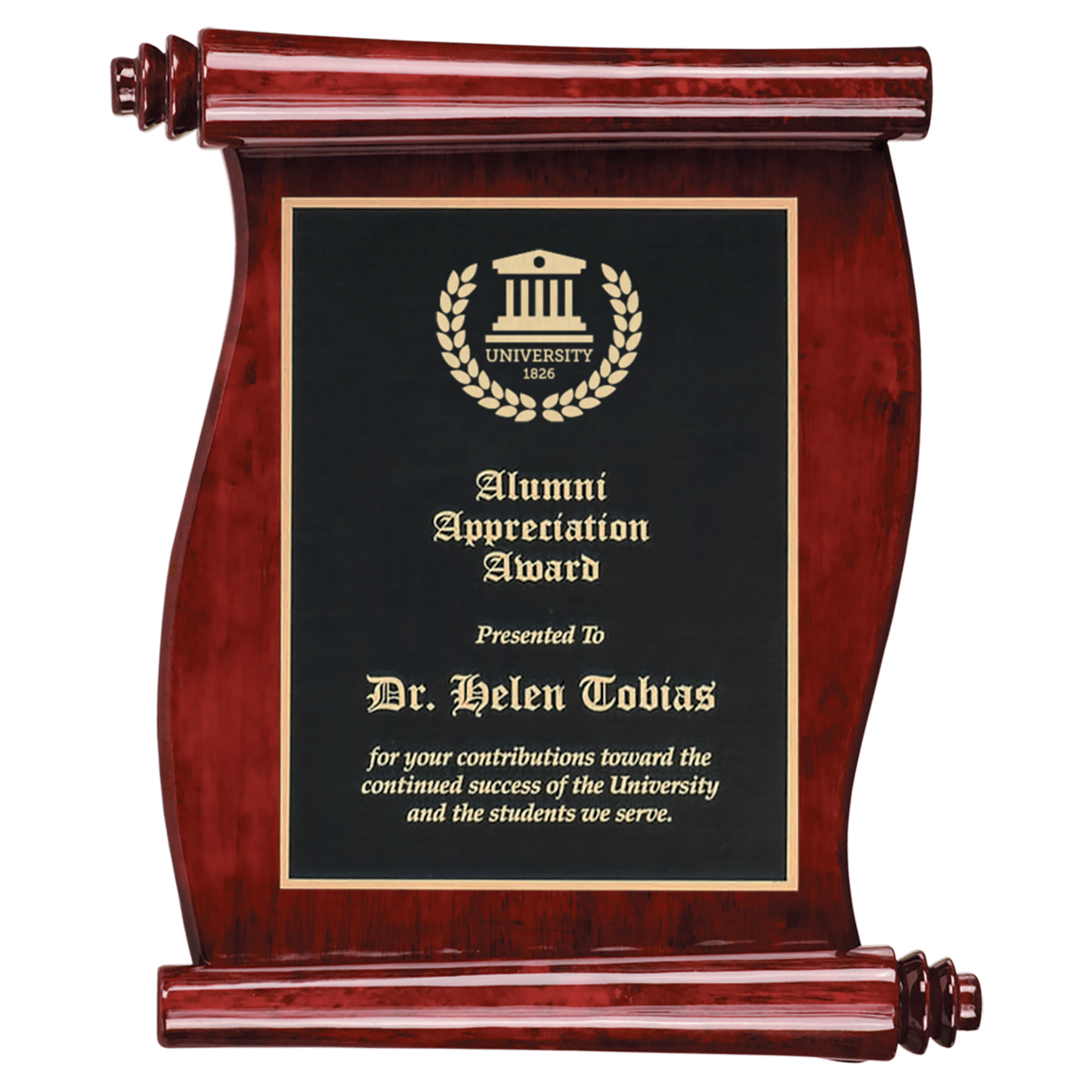 7 1/2" x 8 3/4" Rosewood Finish Scroll Plaque with Black Plate