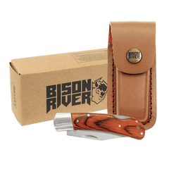 Bison River 4" Wood Folding Knife with Leather Sheath