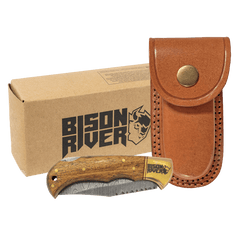 Bison River 3 3/4" Wood Folding Knife with Damascus Steel Blade and Leather Sheath