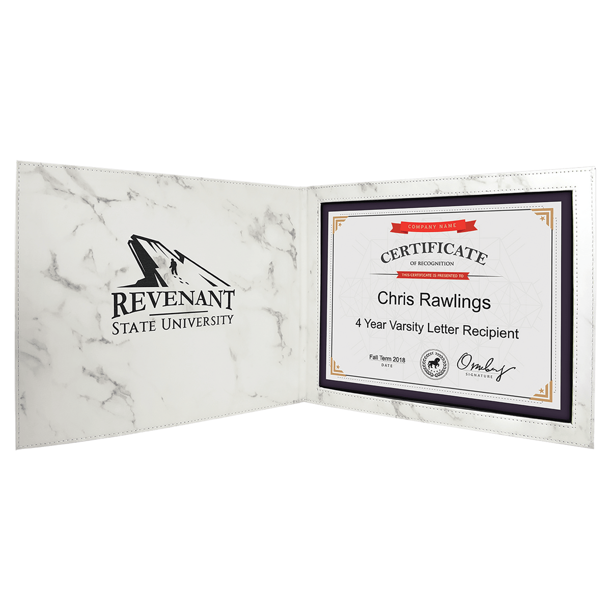 9" x 12" White Marble Laserable Leatherette Certificate Holder for 8 1/2" x 11"