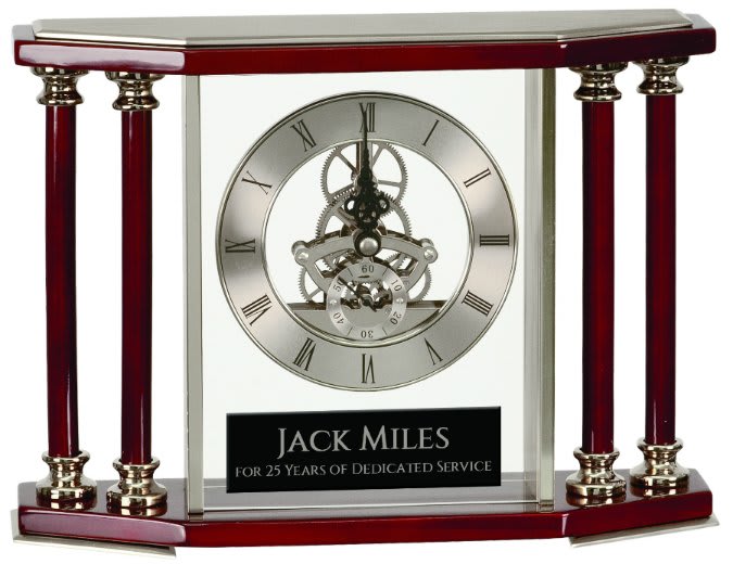 Silver 7 1/4" Executive 4-Pillar & Rosewood Piano Finish Clock