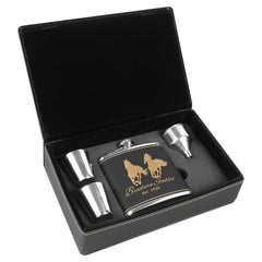 Black/Gold 6 oz. Laserable Leatherette Flask Gift Set