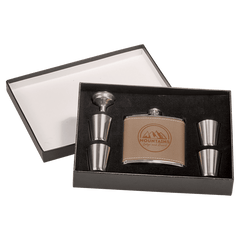Black 6 oz. Leather Flask Set in Presentation Box