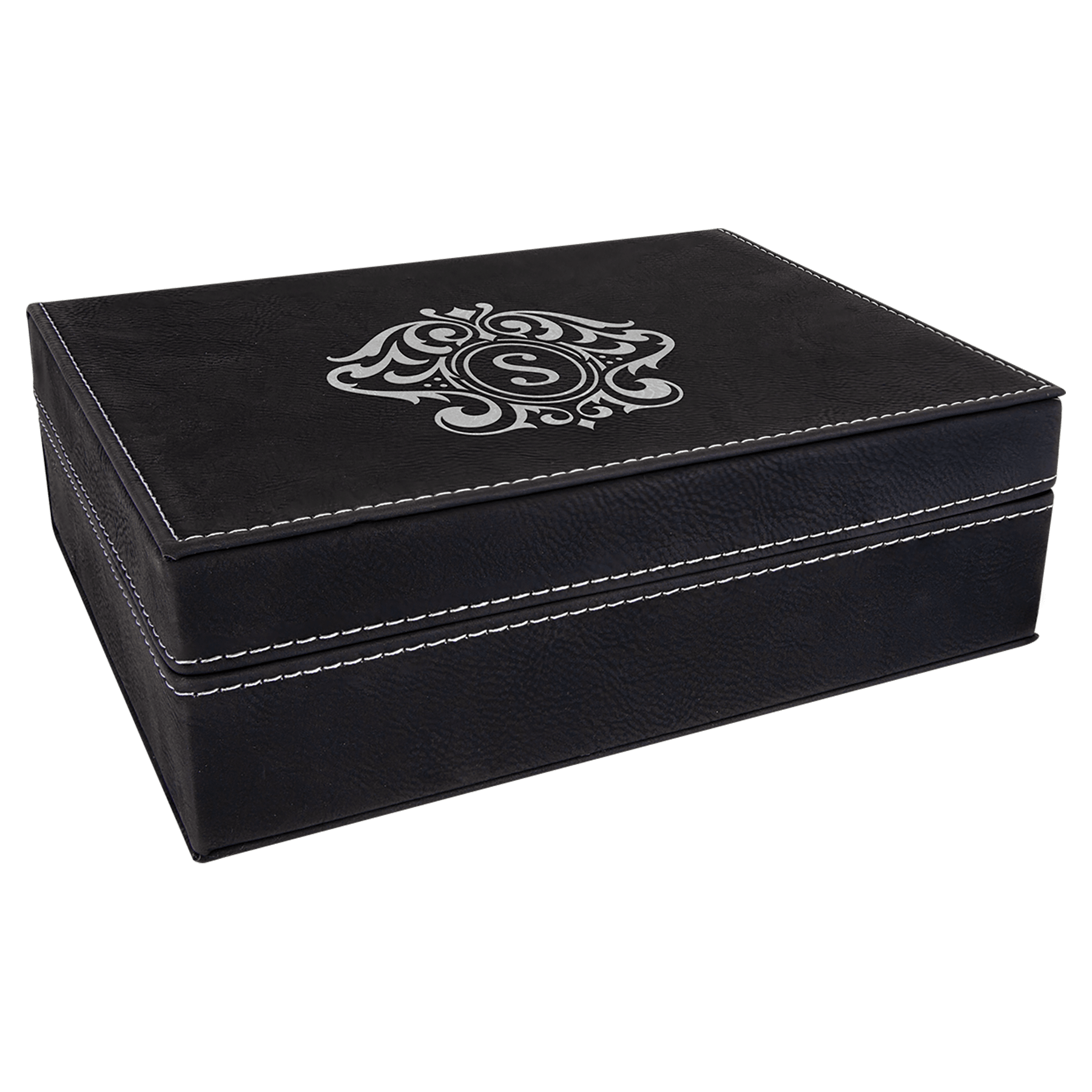 Black/Silver 8" x 6 3/8" Laserable Leatherette Premium Gift Box