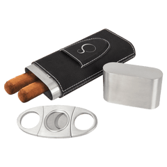 Black/Silver Laserable Leatherette Cigar Case with Cutter