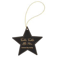 Black/Gold Laserable Leatherette Star Ornament with Gold String