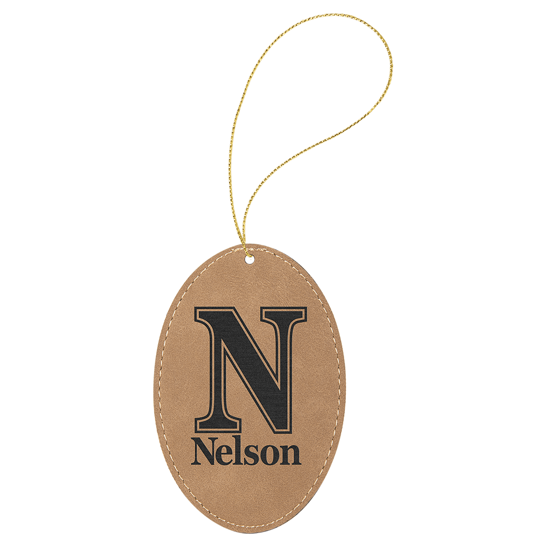 Light Brown Laserable Leatherette Oval Ornament with Gold String