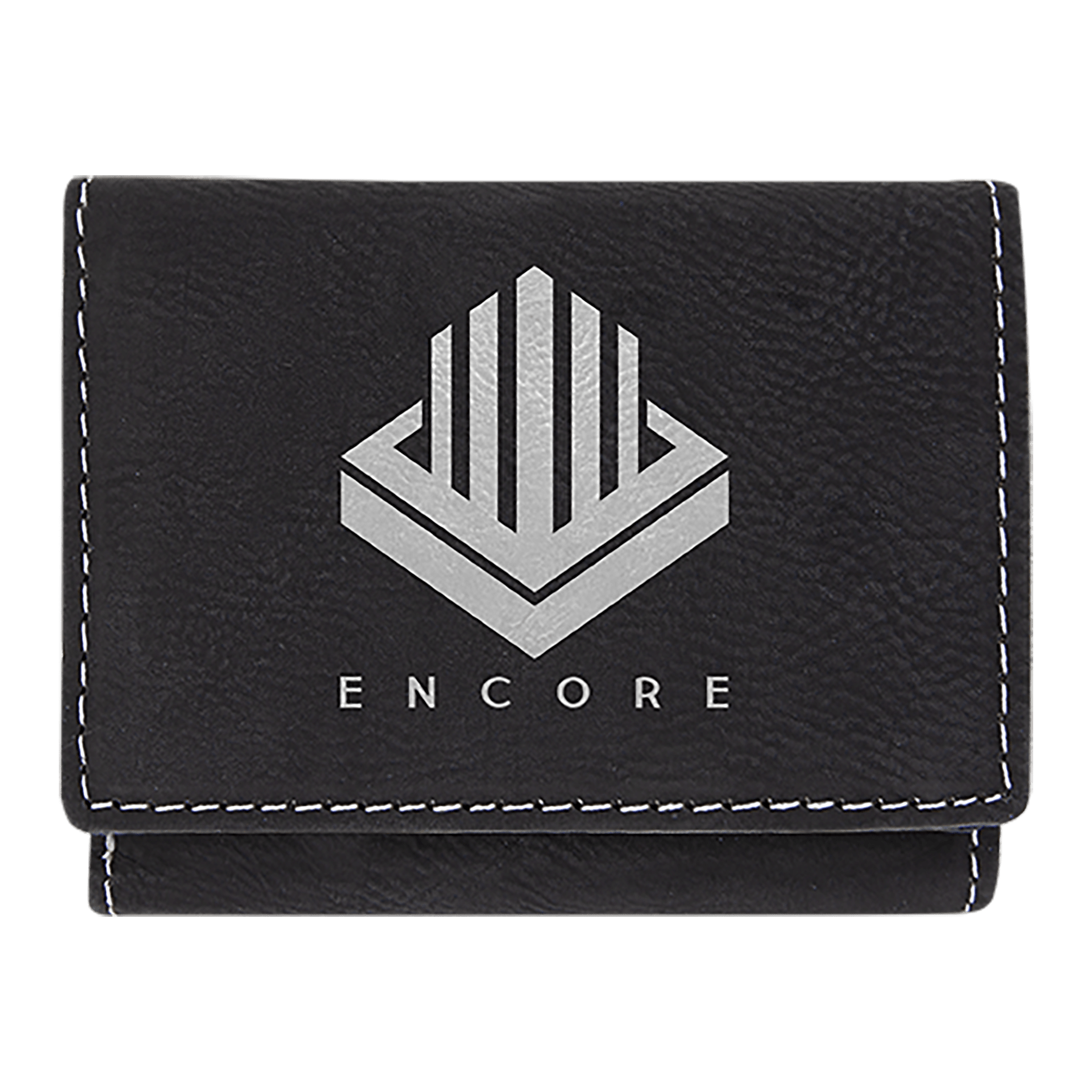 Black/Silver 3" x 4" Laserable Leatherette Trifold Wallet