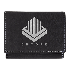 Black/Silver 3" x 4" Laserable Leatherette Trifold Wallet