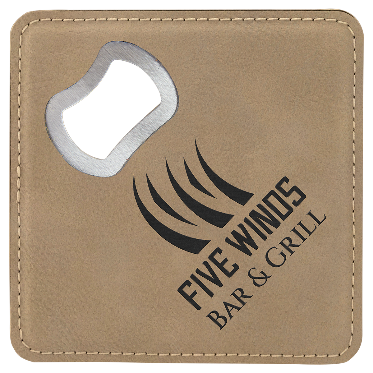 Light Brown 4" x 4" Square Laserable Leatherette Bottle Opener Coaster