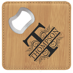 Bamboo 4" x 4" Square Laserable Leatherette Coaster with Bottle Opener
