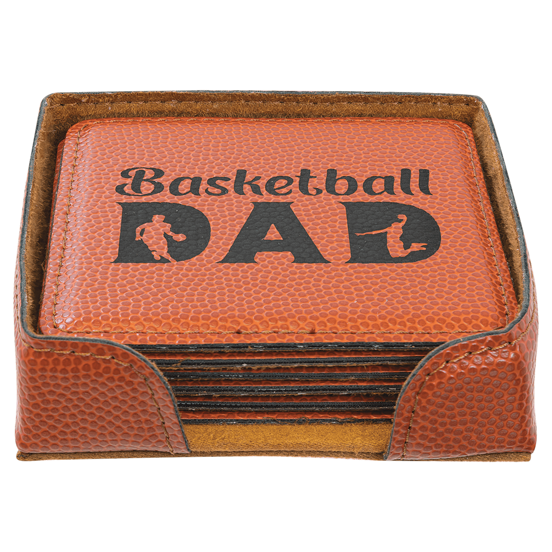 Basketball 4" x 4" Square Laserable Leatherette 6-Coaster Set
