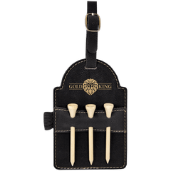 Black/Gold 5" x 3 1/4" Laserable Leatherette Golf Bag Tag with 3 Wooden Tees