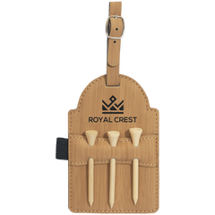 Bamboo 5" x 3 1/4" Laserable Leatherette Golf Bag Tag with 3 Wooden Tees