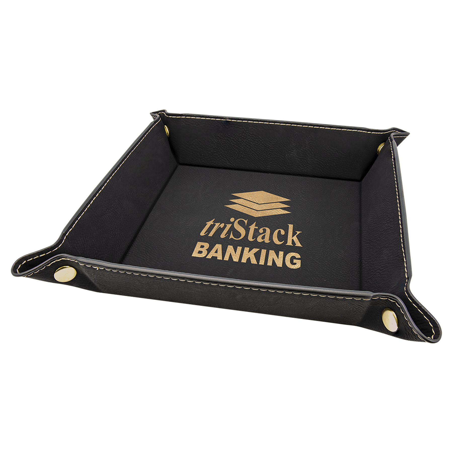 Black/Gold Laserable Leatherette Snap Up Tray with Gold 6" x 6" Laserable Leatherette Snap Up Tray with Silver Snaps