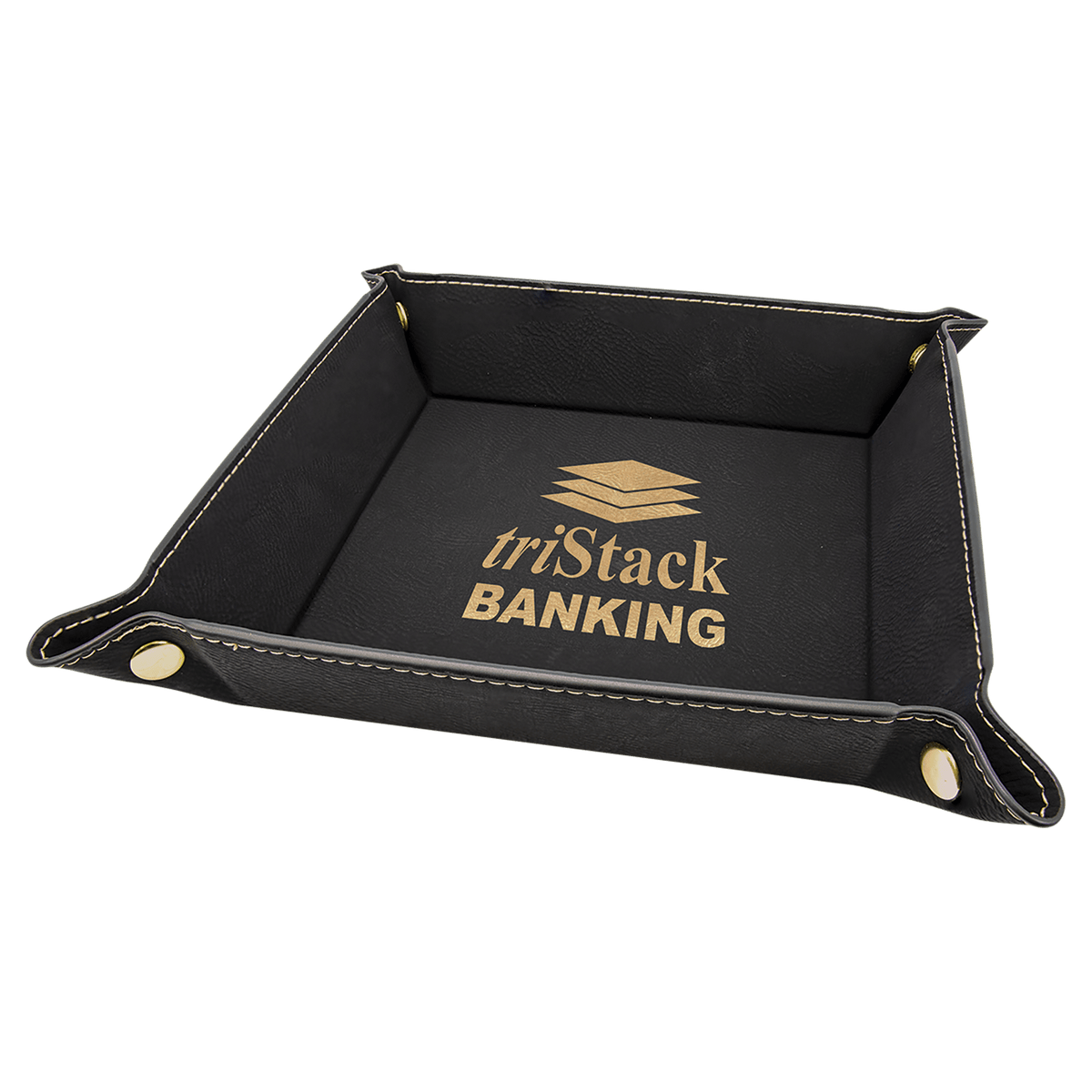 Black/Gold Laserable Leatherette Snap Up Tray with Gold 6" x 6" Laserable Leatherette Snap Up Tray with Silver Snaps