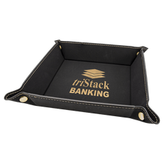 Black/Gold Laserable Leatherette Snap Up Tray with Gold 6" x 6" Laserable Leatherette Snap Up Tray with Silver Snaps