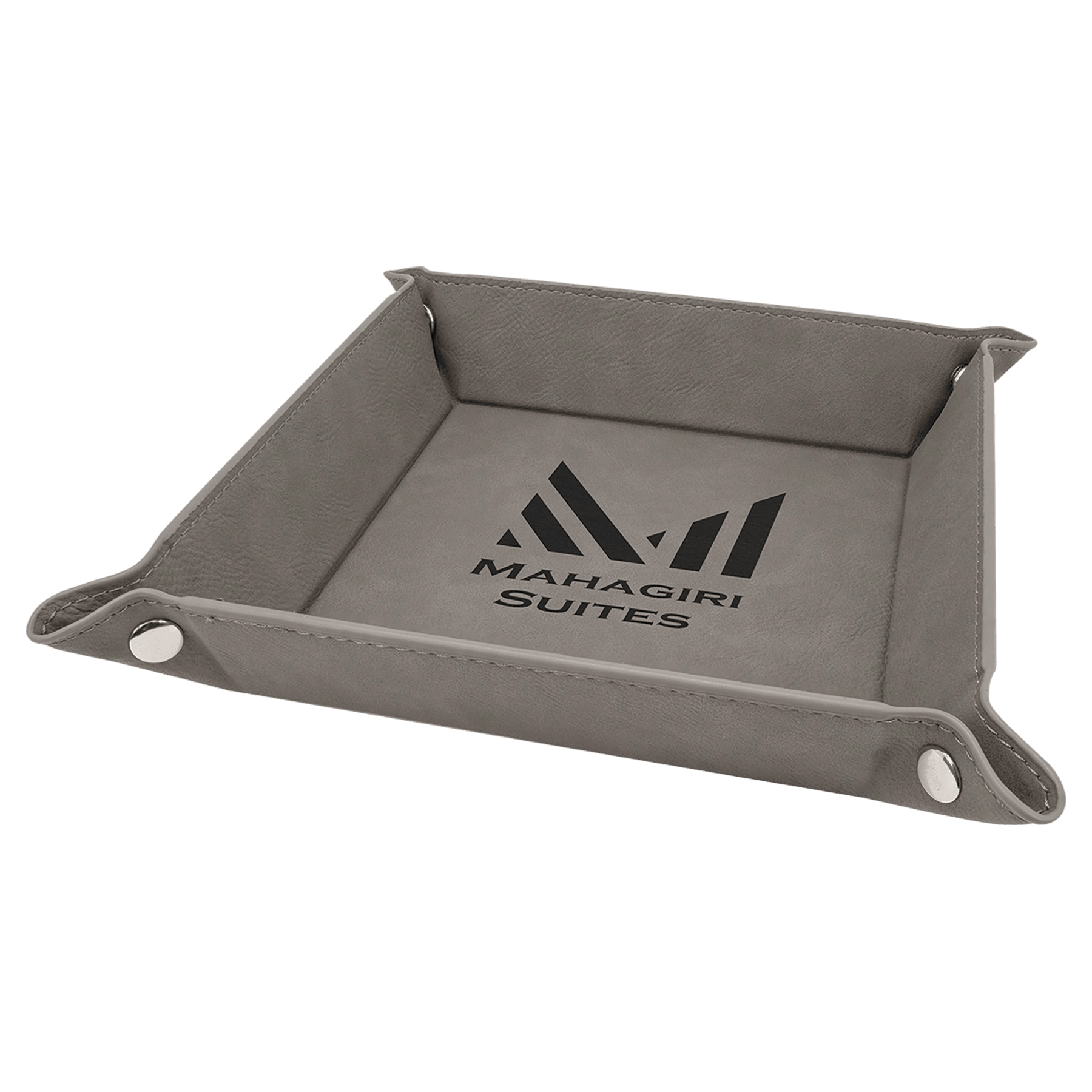 Gray 6" x 6" Laserable Leatherette Snap Up Tray with Silver Snaps