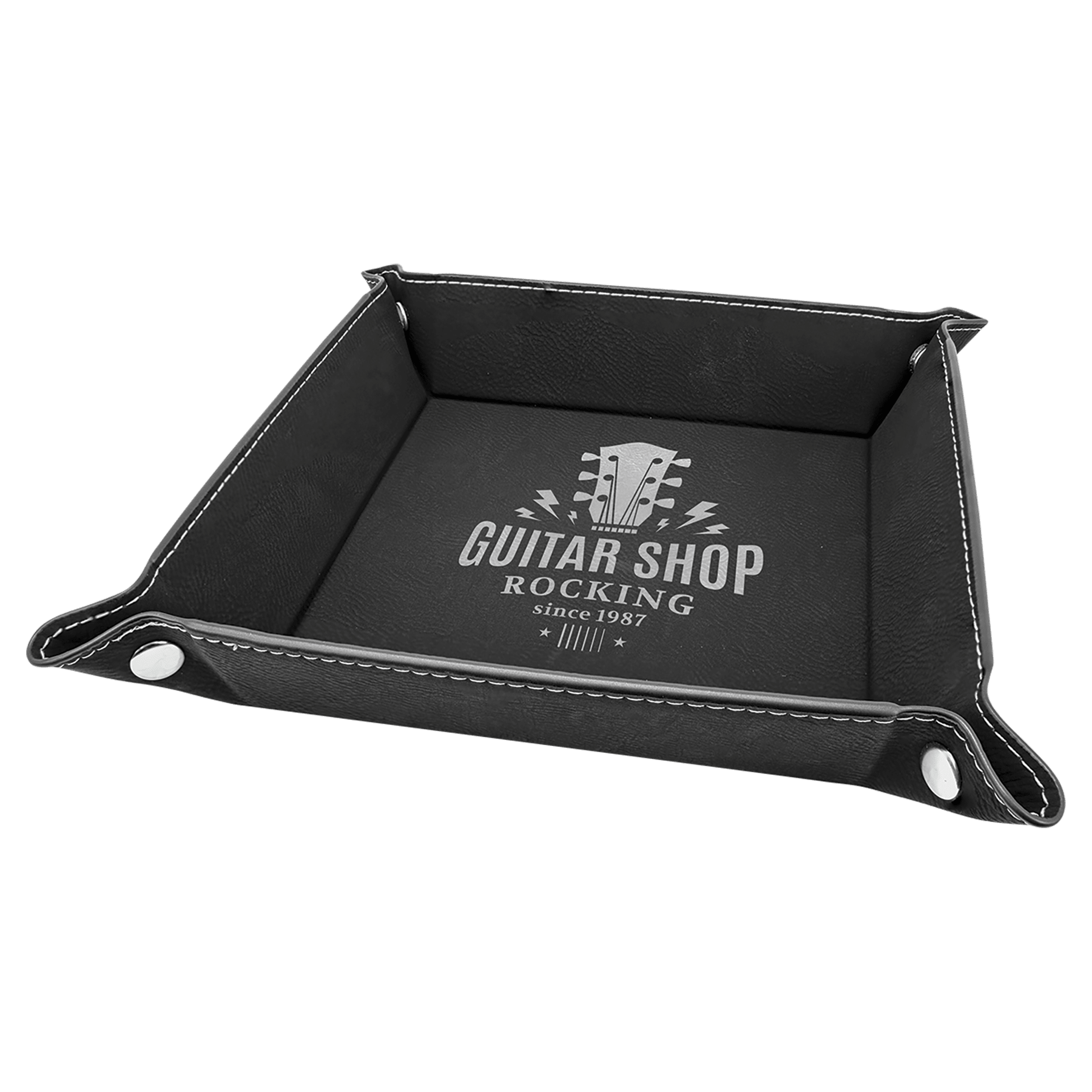 Black/Silver 6" x 6" Laserable Leatherette Snap Up Tray with Silver Snaps