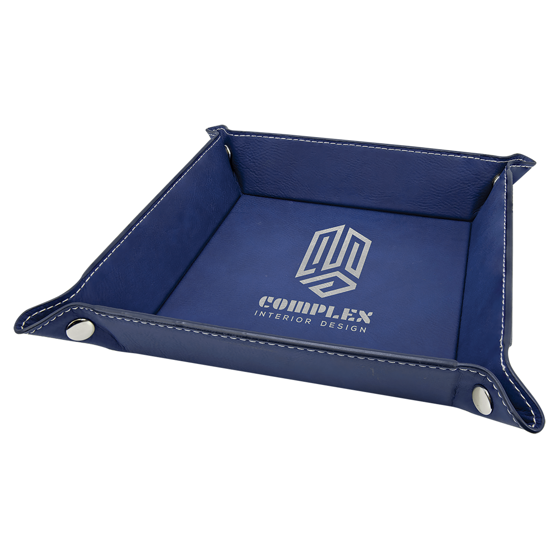 Blue/Silver 6" x 6" Laserable Leatherette Snap Up Tray with Silver Snaps