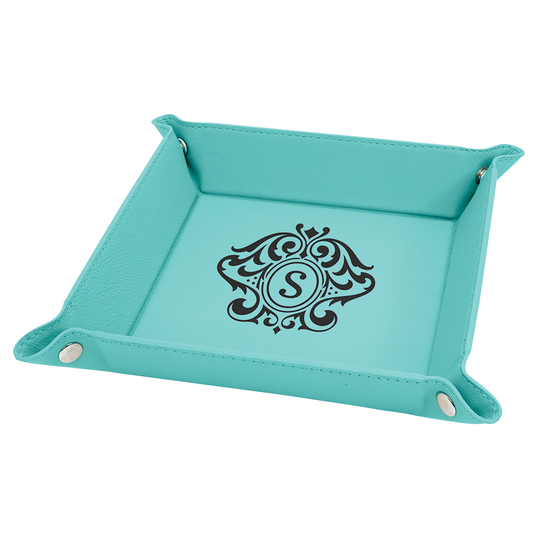 Teal 6" x 6" Laserable Leatherette Snap Up Tray with Silver Snaps
