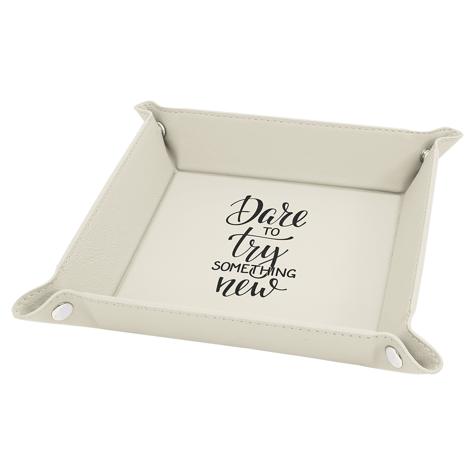 White 6" x 6" Laserable Leatherette Snap Up Tray with Silver Snaps