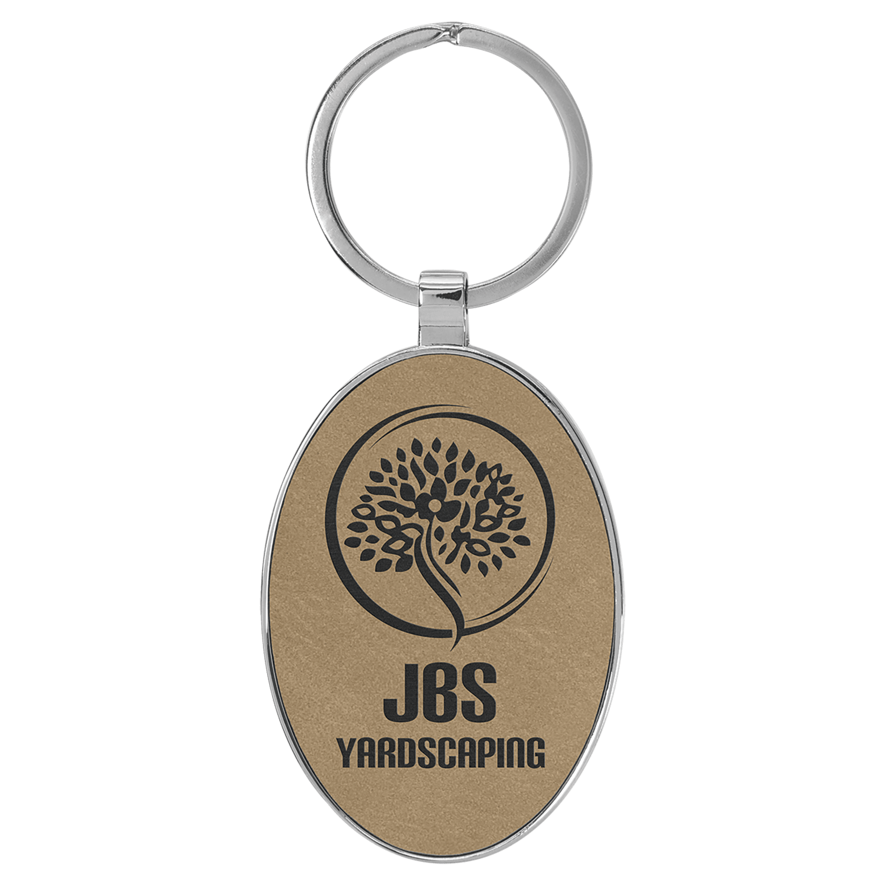 Light Brown 3" x 1 3/4" Laserable Leatherette/Metal Oval Keychain