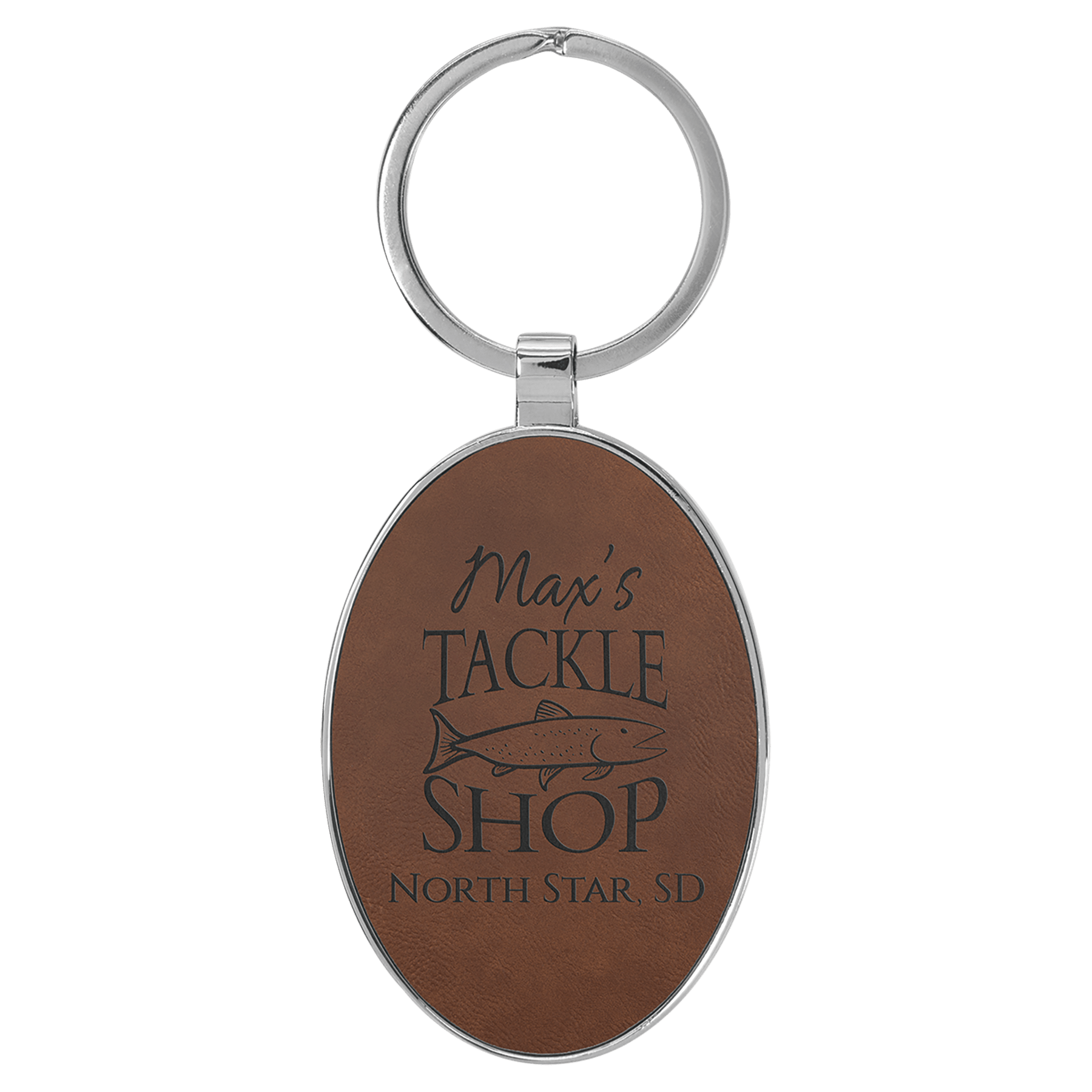 Dark Brown 3" x 1 3/4" Laserable Leatherette/Metal Oval Keychain
