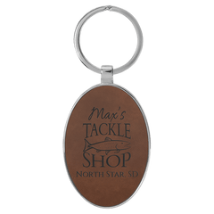 Dark Brown 3" x 1 3/4" Laserable Leatherette/Metal Oval Keychain
