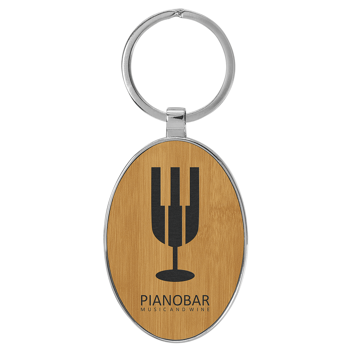 Bamboo 3" x 1 3/4" Laserable Leatherette/Metal Oval Keychain
