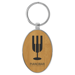 Bamboo 3" x 1 3/4" Laserable Leatherette/Metal Oval Keychain