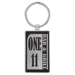 Black/Silver 2 3/4" x 1 1/4" Laserable Leatherette/Metal Rectangle Keychain