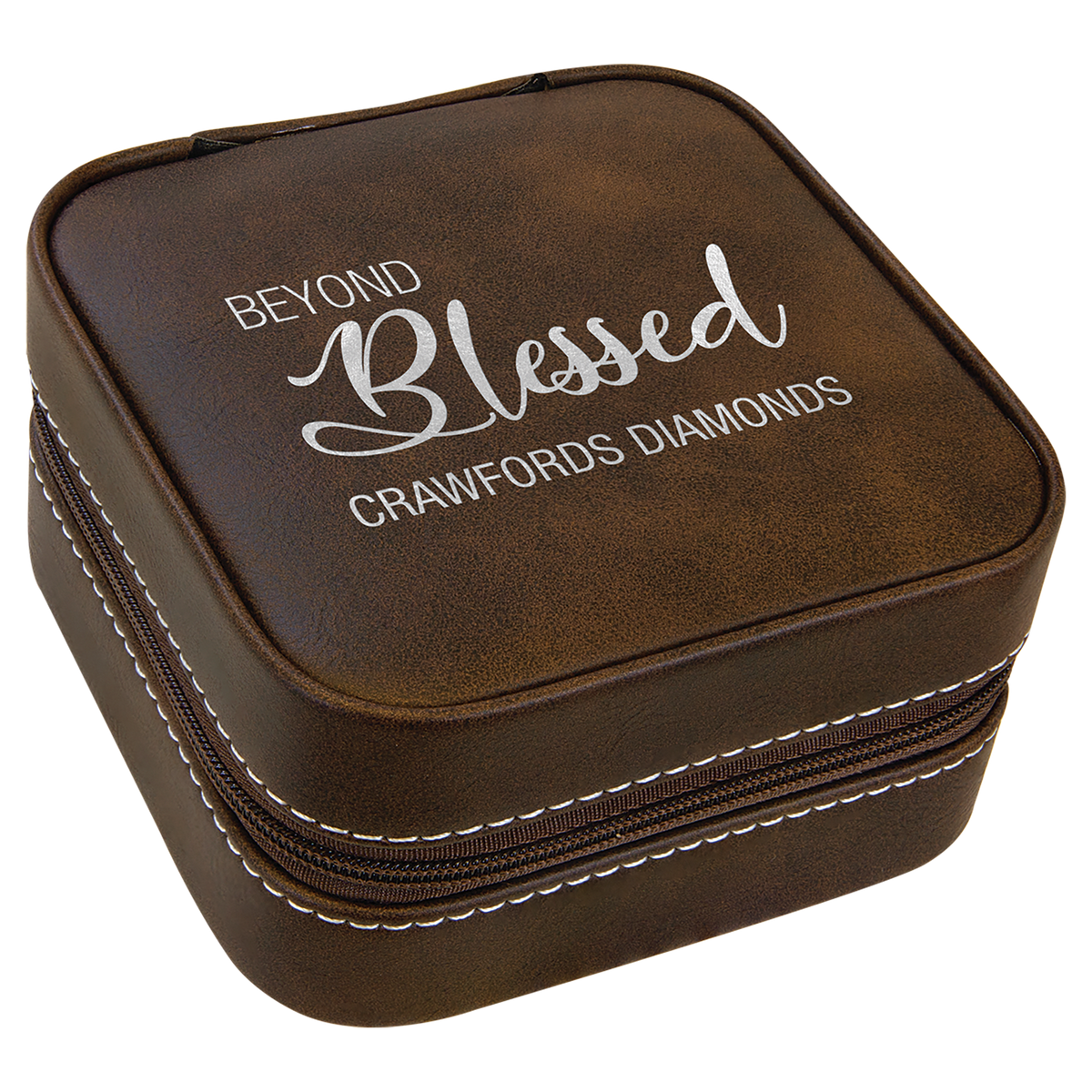 Rustic/Silver 4" X 4" Leatherette Travel Jewelry Box with Tan Lining