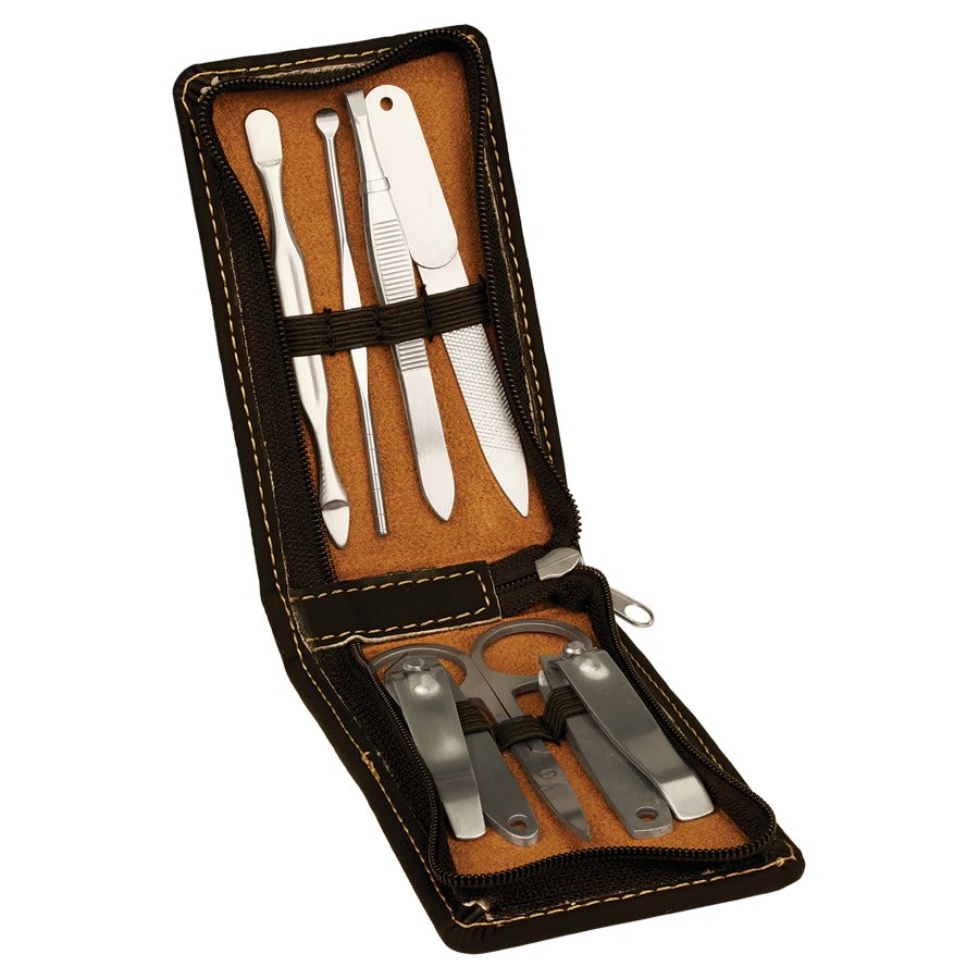 Black/Gold 7-Piece Laserable Leatherette Manicure Gift Set