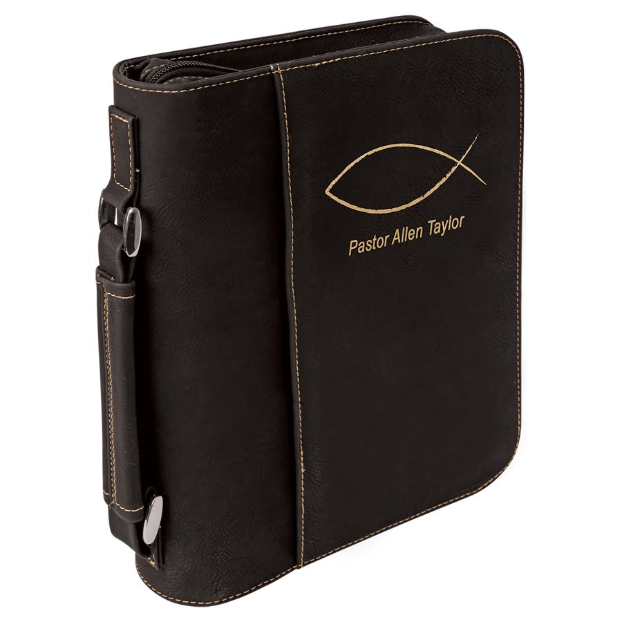 Black/Gold 7 1/2" x 10 3/4" Leatherette Book/Bible Cover with Handle & Zipper