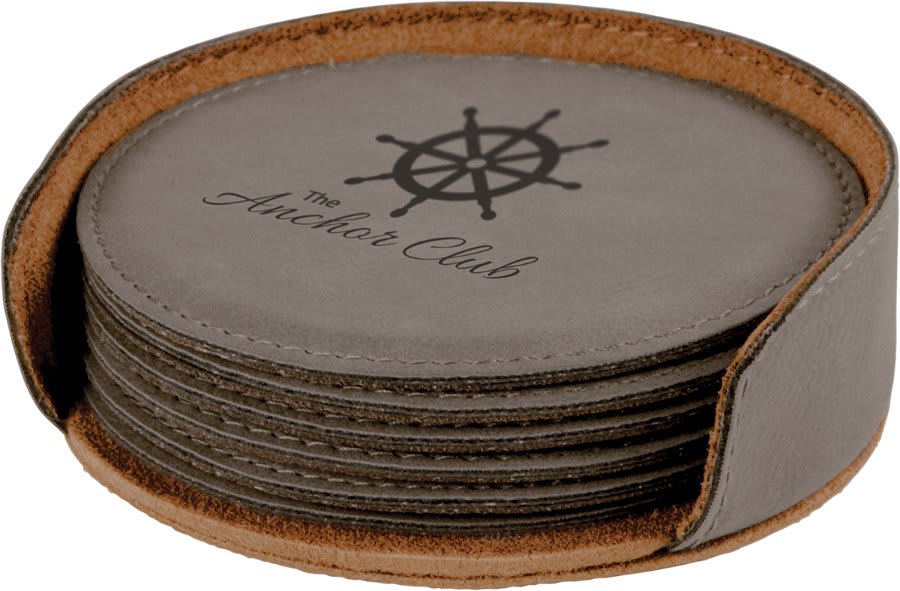 Gray 4" Round Laserable Leatherette 6-Coaster Set