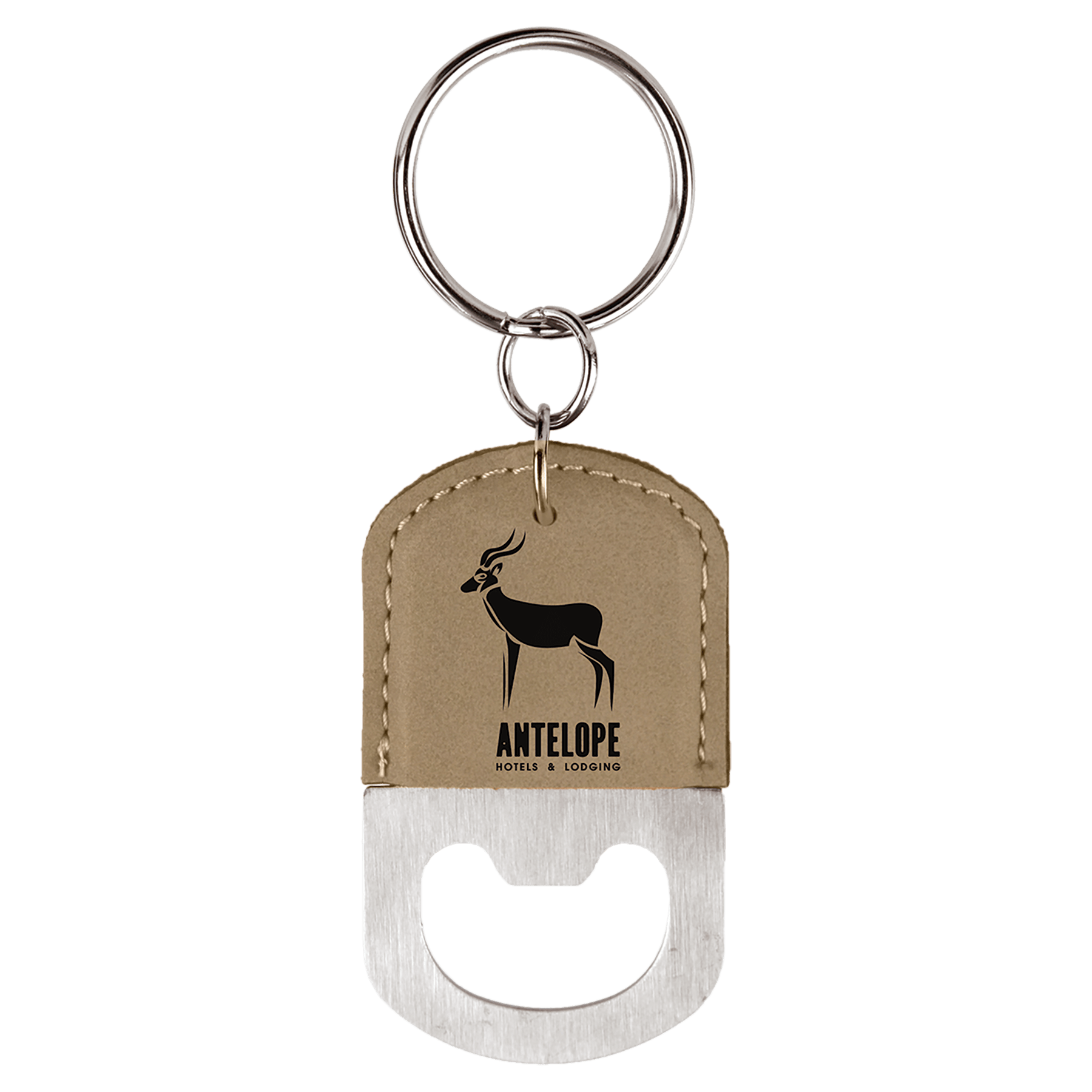 Light Brown Oval Laserable Leatherette Bottle Opener Keychain