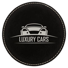 Black/Silver 4" Round Laserable Leatherette Coaster