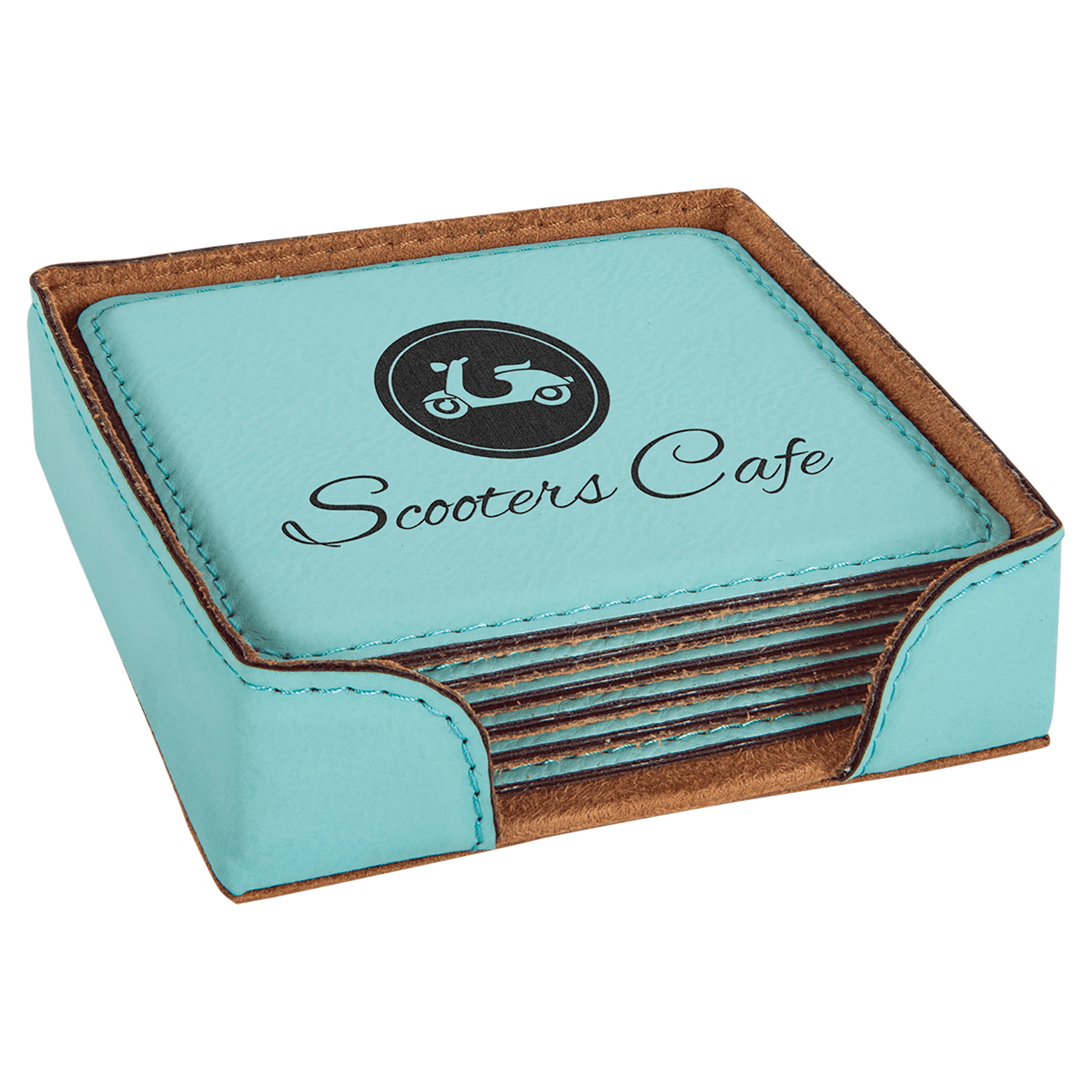 Teal 4" x 4" Square Laserable Leatherette 6-Coaster Set