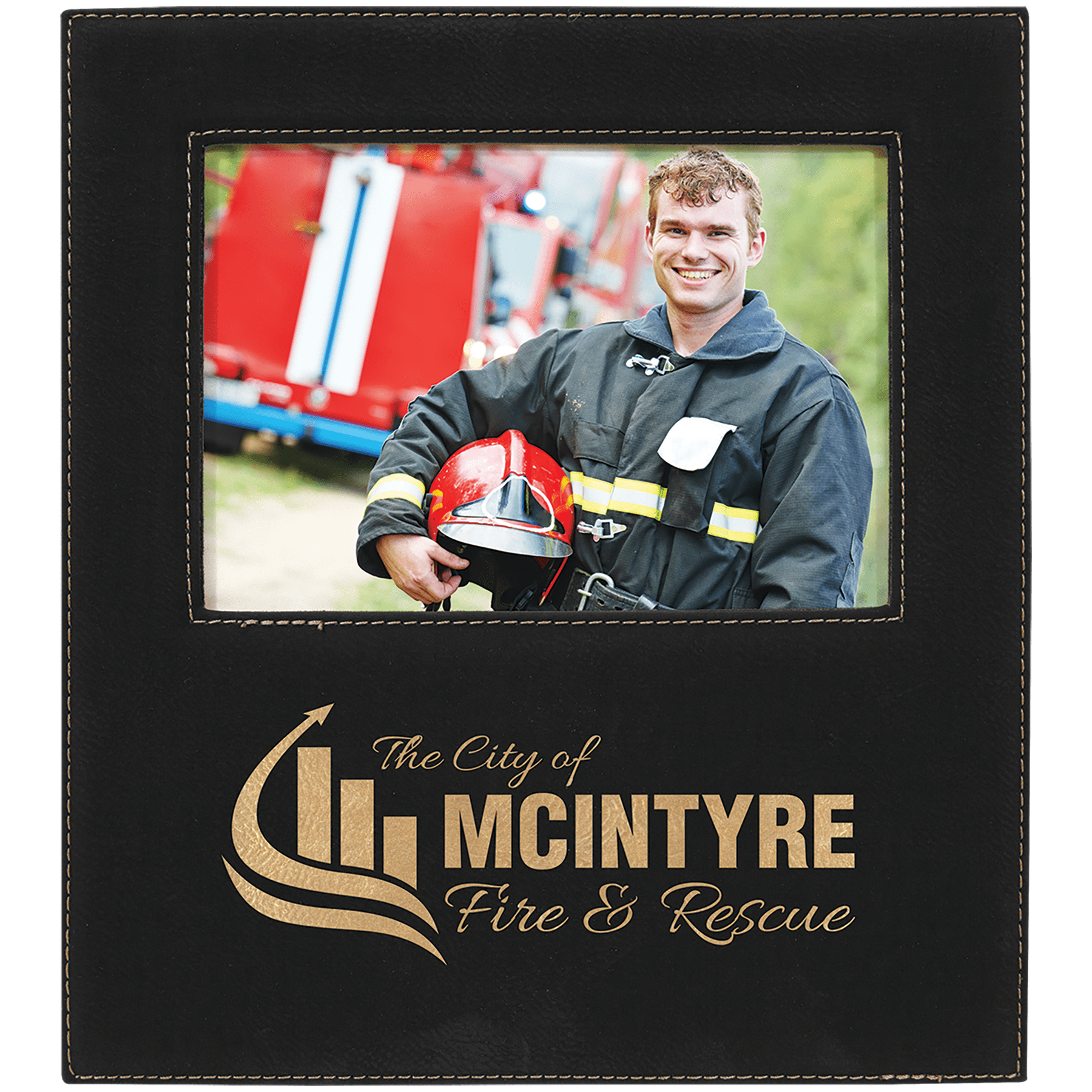 Black/Gold 5" x 7" Leatherette Photo Frame with 4 1/4" x 8 7/8" Engraving Area