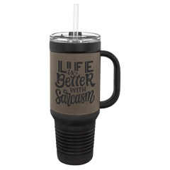 Black Gray Polar Camel 40 oz. Laserable Leatherette Travel Mug with a Handle & Straw